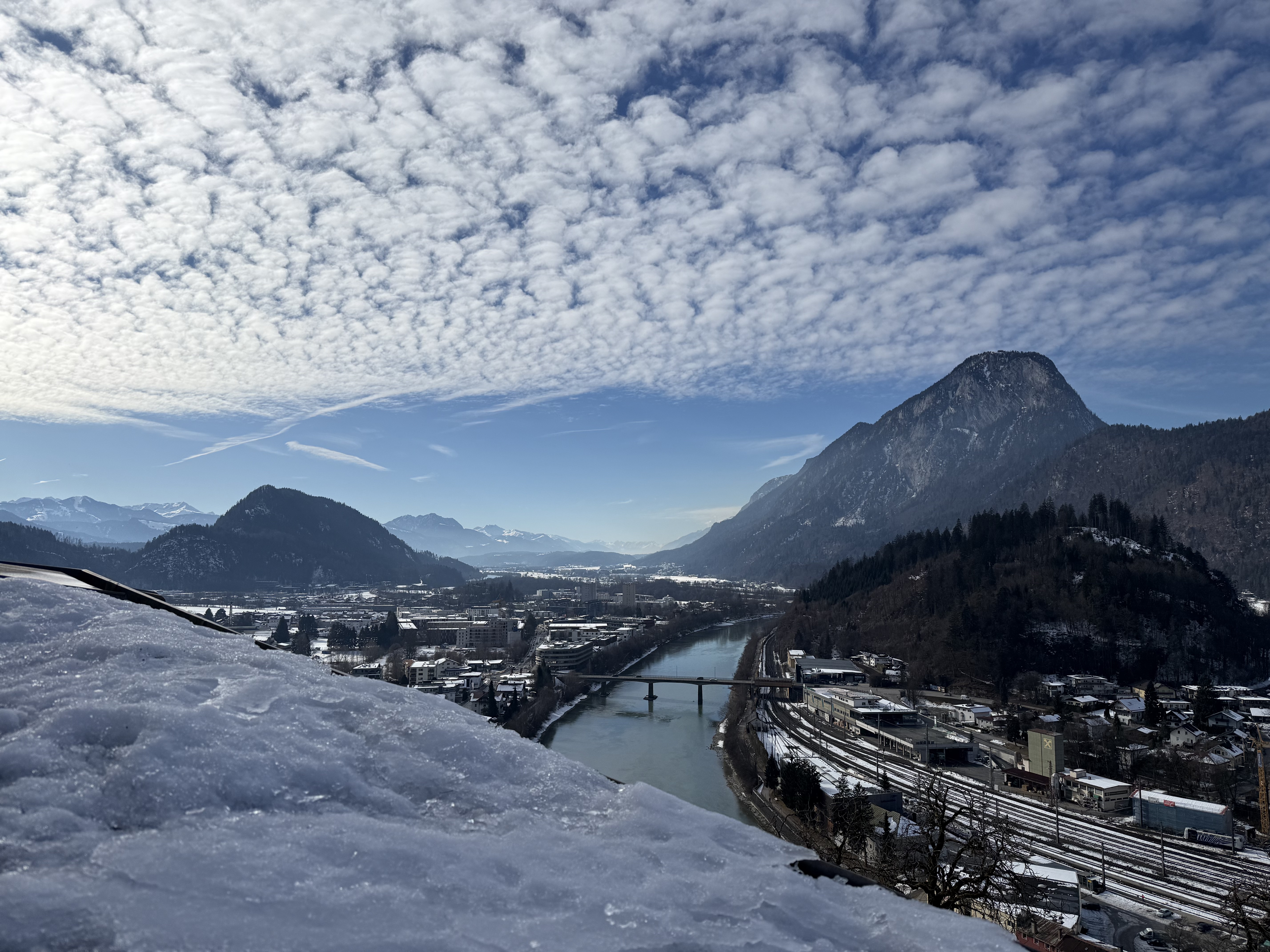 Another view of Kufstein over the icy steps up the Festung Kufstein.