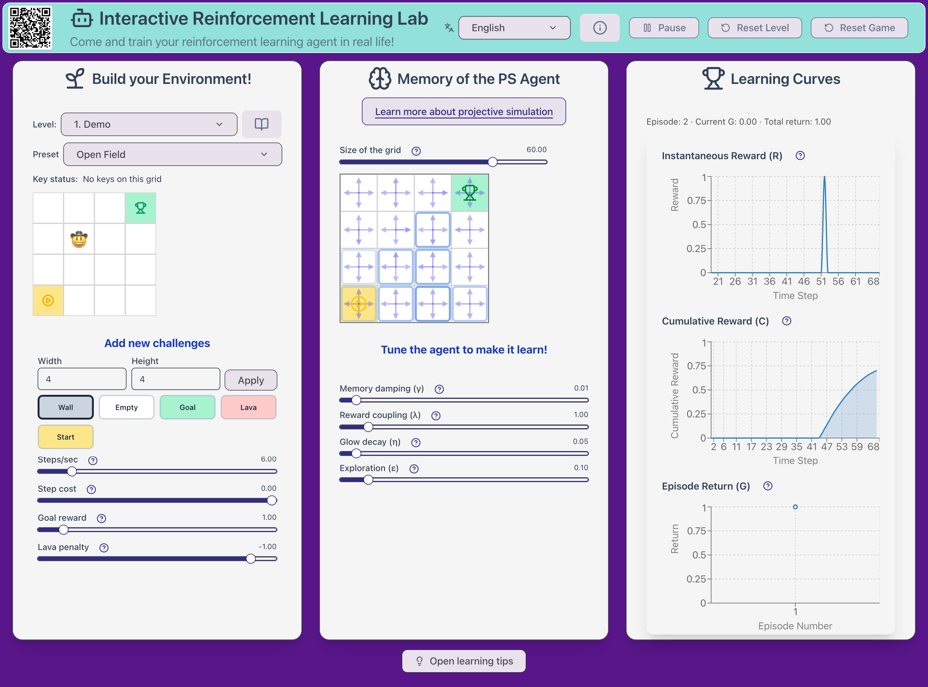 The main screen of the interactive reinforcement learning demo.