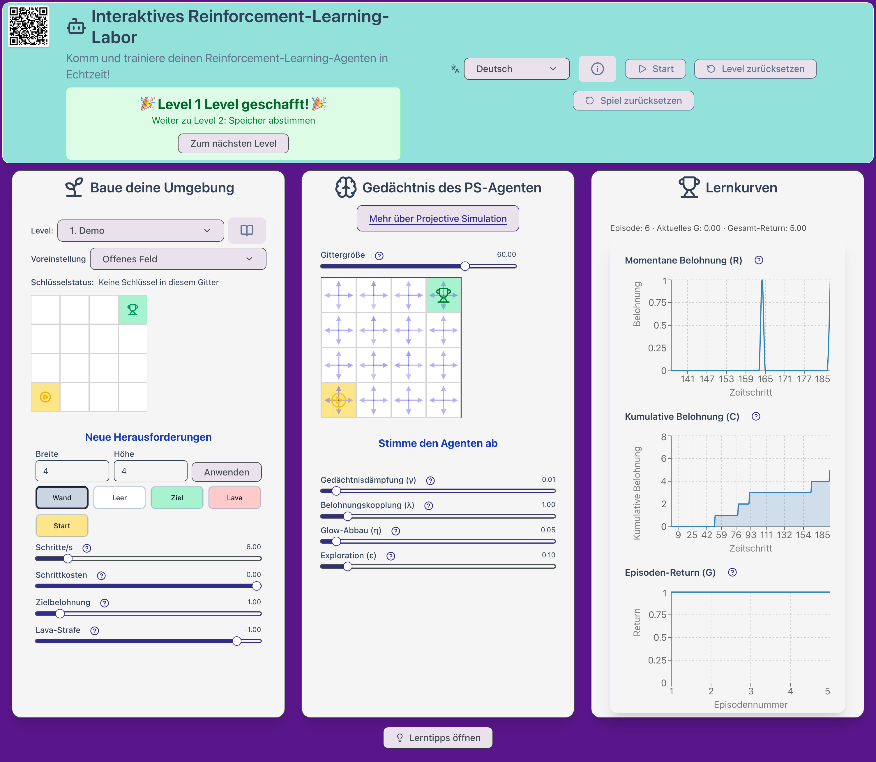 The main screen of the interactive reinforcement learning demo in German.
